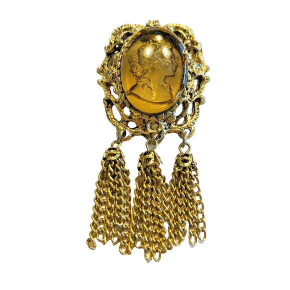 Vintage Etched Reverse Carved Glass Cameo Brooch Pin Gold Tone Chain Tassels - Picture 1 of 7